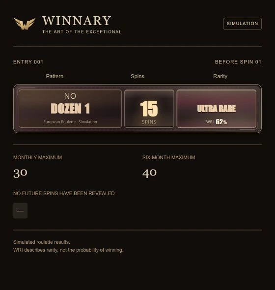 Winnary simulated Dozen 1 absence at Ultra Rare before the first spin
